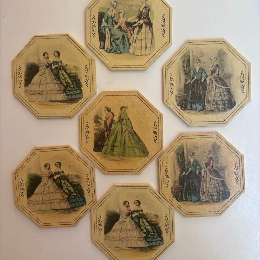 TW Antique Victorian paper every day coasters / Set of 7/ In Box
